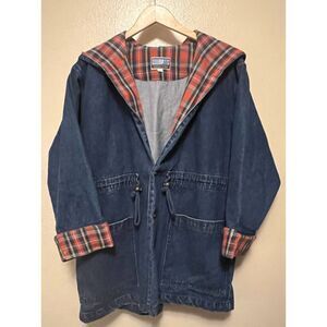 Vtg 90s Bugle Boy Denim Jacket Red PlaidChore Drawstring Coat Relaxed Baggy Sz M